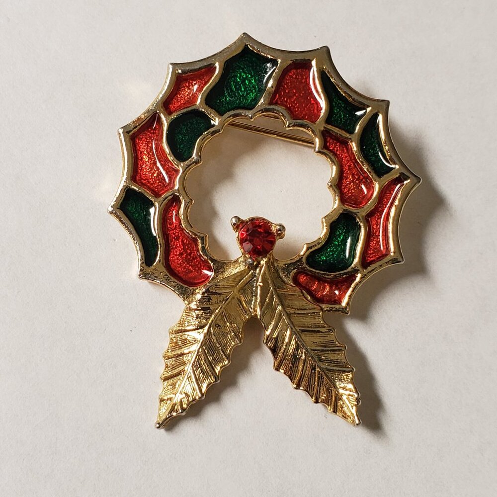 Vintage Signed BJ Christmas Wreath Brooch